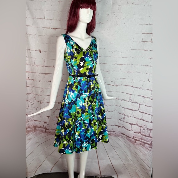 DAVID MEISTER Belted Fit & Flare Blue Green Floral Cocktail Party Dress Size 2 - Picture 9 of 16